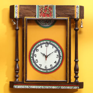 Moorni Wall Clock Handcrafted Warli Art Black Dial with Glass Frame