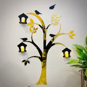 Acrylic Birds on Tree Wall Decor with Wooden Shelves