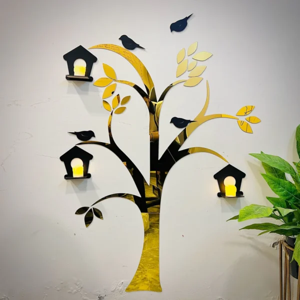 Acrylic Birds on Tree Wall Decor with Wooden Shelves
