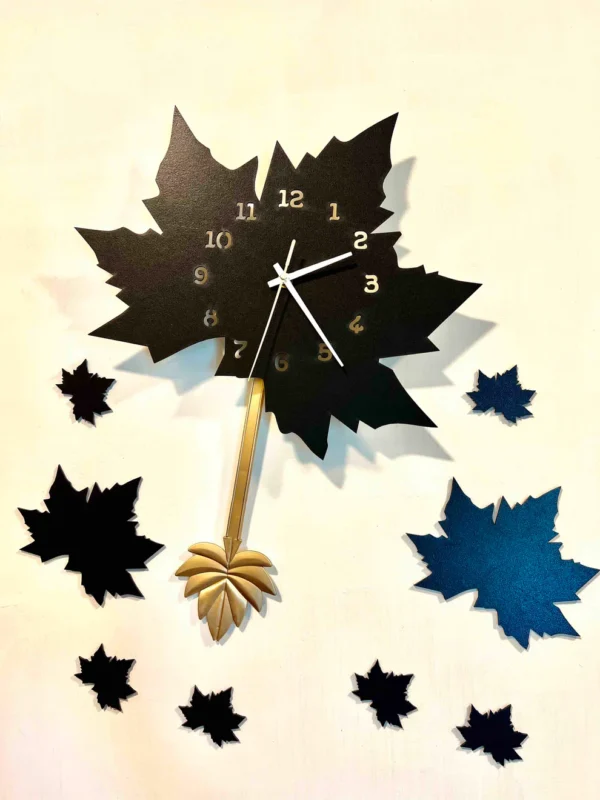 Black Maple Leaf Wall Clock with Pendulum - Image 2