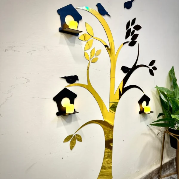 Acrylic Birds on Tree Wall Decor with Wooden Shelves - Image 2