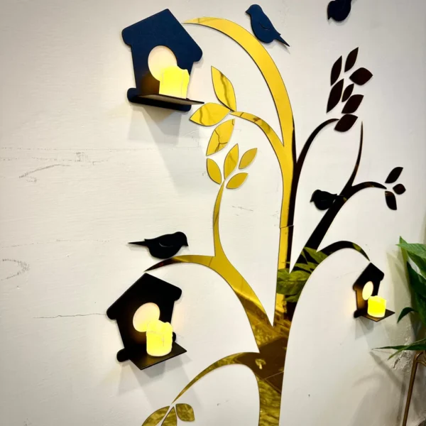 Acrylic Birds on Tree Wall Decor with Wooden Shelves - Image 3