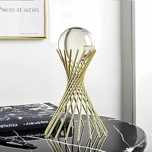 3D Modern Abstract Art Crystal Ball with Gold Iron Stand Table Top Decorative Iron Crafts